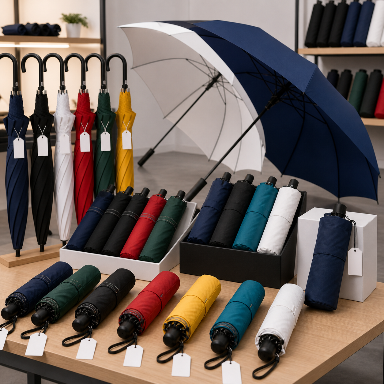Folding umbrellas for promotional and retail collections